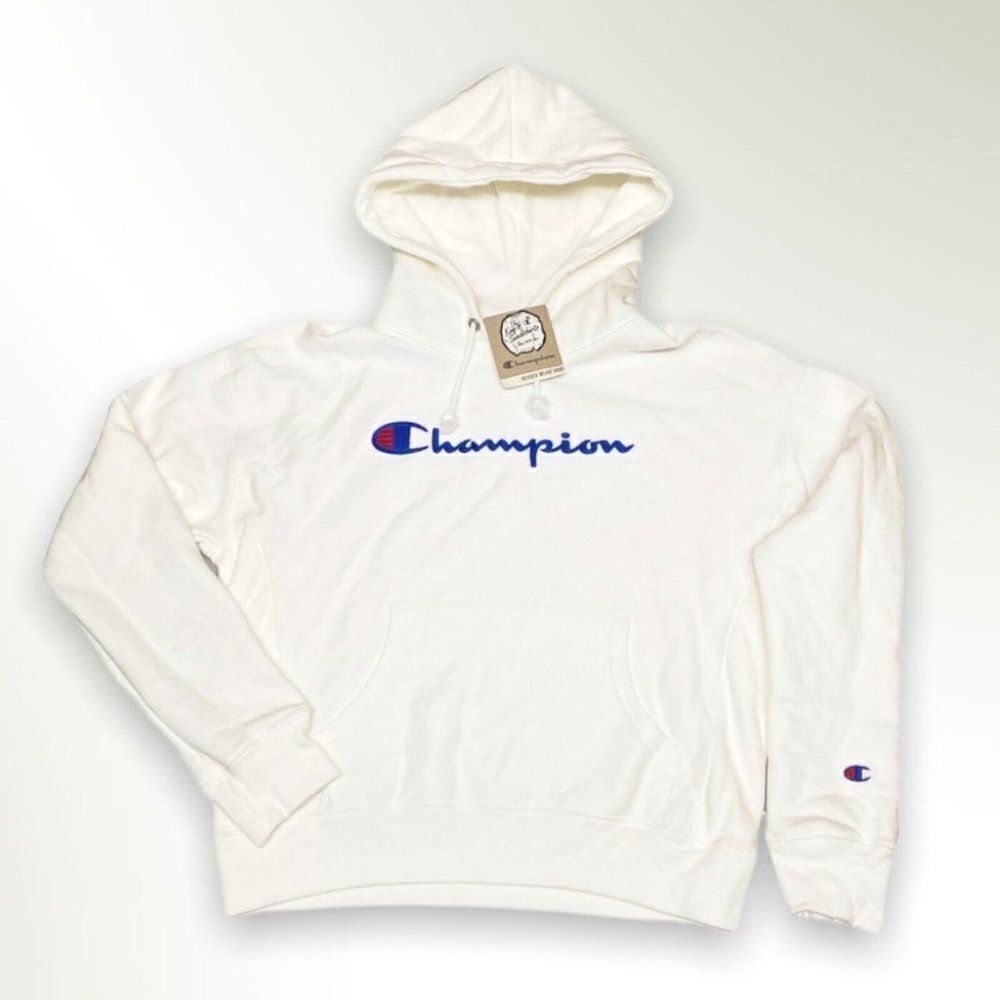 Champion Reverse Weave Embroidered Logo Hoodie Spell Out Script Blue